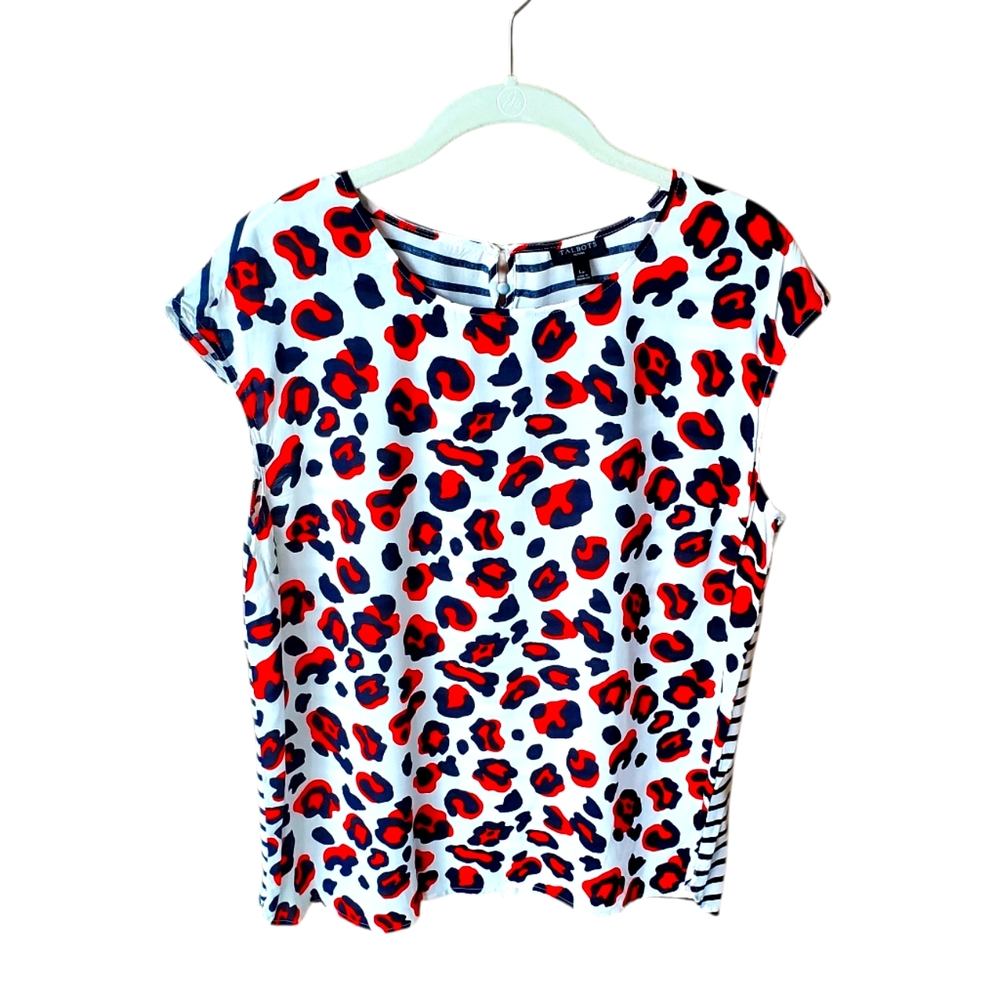 Talbots Red Navy Striped Animal Print Cap Sleeve Top Large Petite